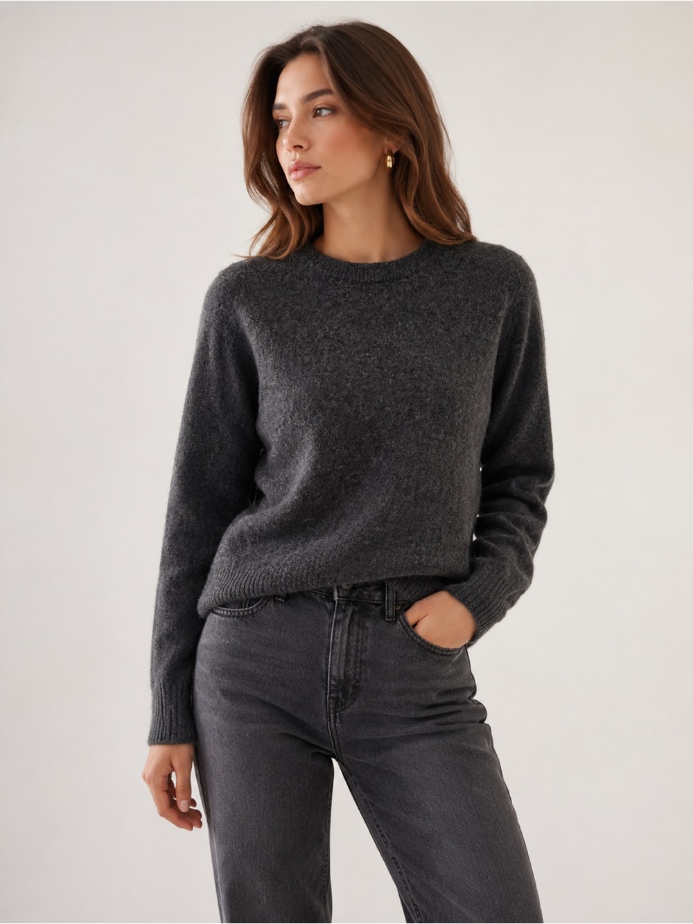 Simons Crewneck Sweater Charcoal Gray reprocessed lambswool neutral classic sz M